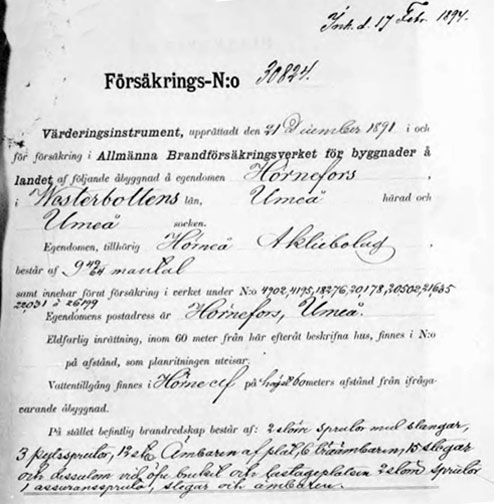 Brandförsäkring 1894 Nedre Bruket Hörneåfors